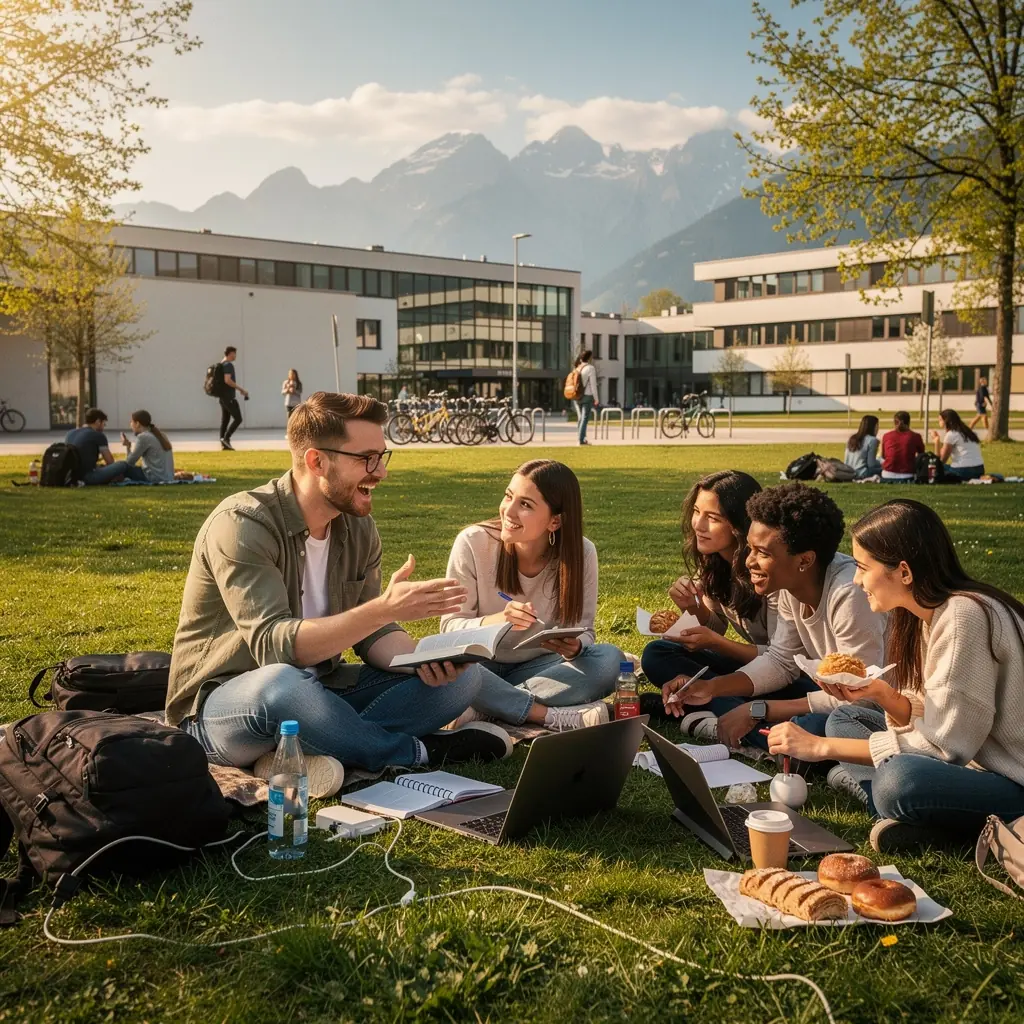Ein Student, der in einem modernen Lernraum ein Lehrbuch durchblättert.