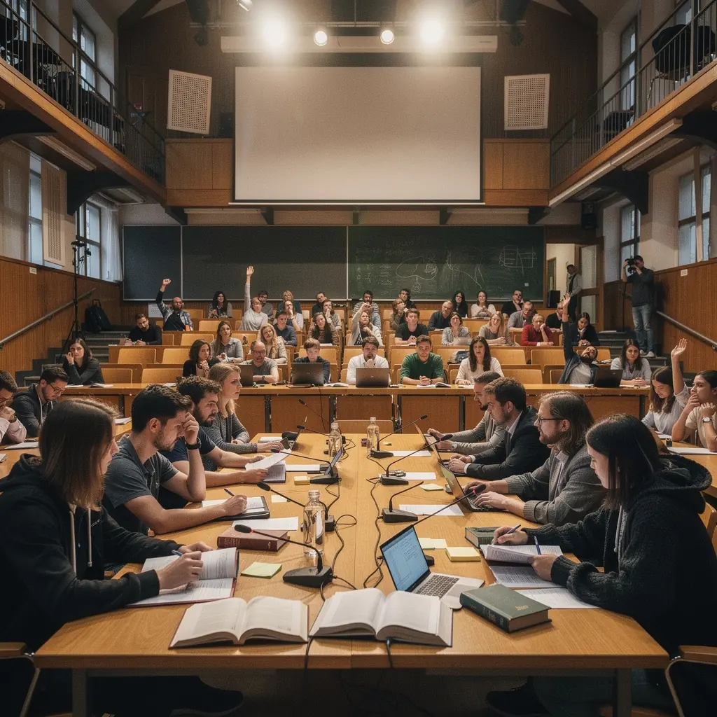Ein Student, der ein Lehrbuch in einer Bibliothek durchblättert