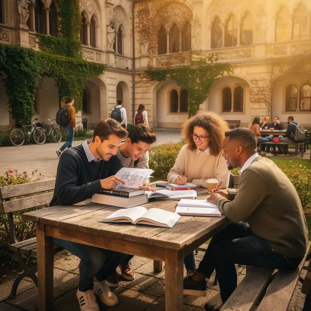 Ein Stapel von Lehrbüchern für Universitätskurse auf einem Tisch