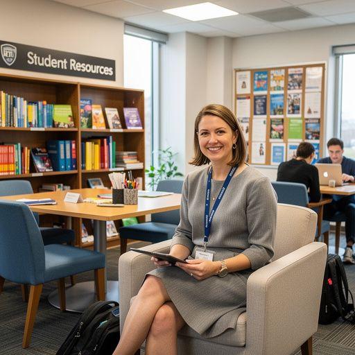 Eine Studentin, die ein neues Lehrbuch an der Kasse kauft