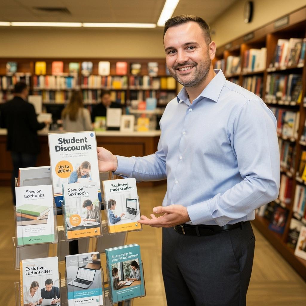 Ein Plakat, das aktuelle Angebote für Studenten auf Lehrbücher bewirbt